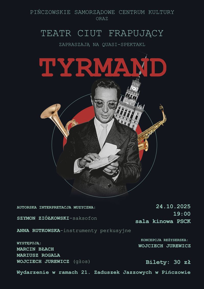 Mówi się o nim prorok jazzu. Był nie tylko wielkim miłośnikiem muzyki improwizowanej, ale uchodził także za intelektualnego i obyczajowego prowokatora. Leopolda Tyrmanda – legendarną postać polskiej literatury i świata jazzu przypomną w projekcie słowno-muzycznym aktorzy Teatru Ciut Frapującego i pińczowscy muzycy. Quasi-spektakl „Tyrmand” będzie wydarzeniem towarzyszącym 21. Zaduszkom Jazzowym w Pińczowie. Fragmenty „Dziennika 1954” czytać będzie Marcin Błach, zaś o improwizowane tło muzyczne zadbają Szymon Ziółkowski i Anna Rutkowska. Legenda "Dziennika 1954" jest niemal równie barwna jak legenda jego autora, Leopolda Tyrmanda. Oryginalny rękopis dziennika został ukryty w skrytce pod podłogą mieszkania przy ul. Chmielnej w Warszawie. Przez lata krążył wśród przyjaciół Tyrmanda, a pierwsze oficjalne wydanie w 1989 roku stało się wydarzeniem – ludzie stali w kolejkach po egzemplarze, jak niegdyś po podstawowe produkty! ????24 października, godz. 19:00, sala kinowa PSCK ???? Bilety już do nabycia w sekretariacie PSCK